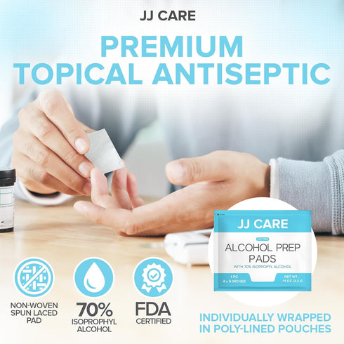 JJ CARE Large Alcohol Prep Pads, 4 x 6" Sterile Alcohol Pads Individually Wrapped, 70% Isopropyl Alcohol Wipes, Pack of