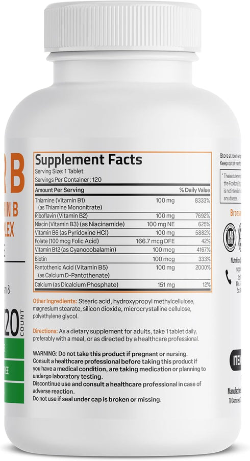 Bronson Vitamin B 100 Complex High Potency Sustained Release (Vitamin B1, B2, B3, B6, B9 - Folic Acid, B12), 120 Tablets