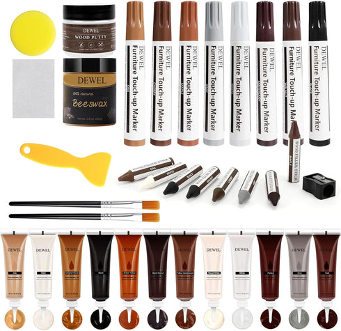 DEWEL Wood Furniture Repair Kit, Upgrade Wood Fillers, Touch Up Markers, Wax Sticks, Beeswax for Cracks and Scratches
