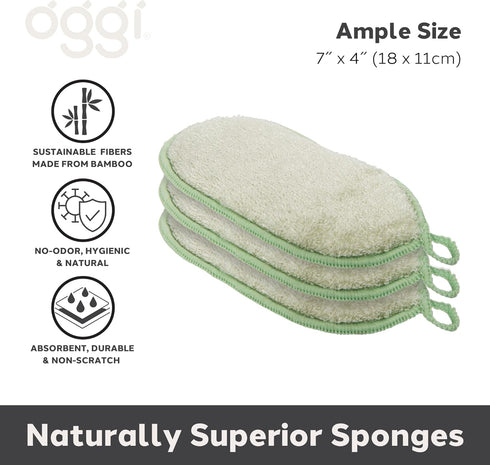OGGI Bambou Odor-Free Kitchen Sponges - Natural Kitchen Sponges for Dishes, 91% Bamboo-Derived Rayon Cellulose Fiber, Reusable, Absorbent, Hygienic, Durable, Non-Scratch, Washable - 3 pcs, 7x4