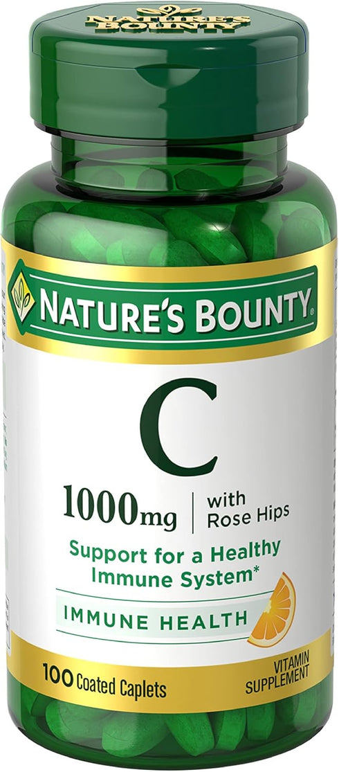 Nature's Bounty Vitamin C + Rose Hips, 1000mg, 100 Coated Caplets, Immune Support