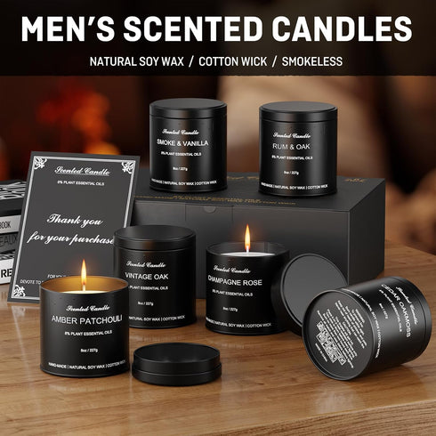 HOFOGOTOWIN Set 6 Pack Men's Scented Candles Gift - Luxury Soy Candles for Home Scented, Masculine Woodsy Fragrances: