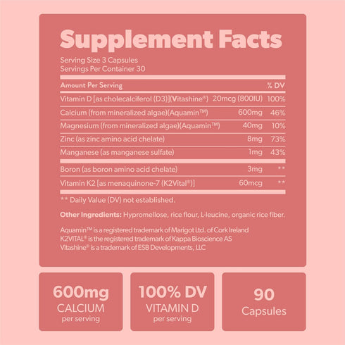 Calcium Supplement with Vitamin K2 & D3, Magnesium, Zinc, Boron - Whole Food Mineral Complex for Bone Strength - 90