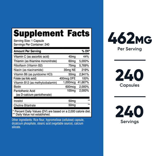 Nutricost Vitamin B Complex 460mg, 240 Capsules - with Vitamin C - Energy Complex