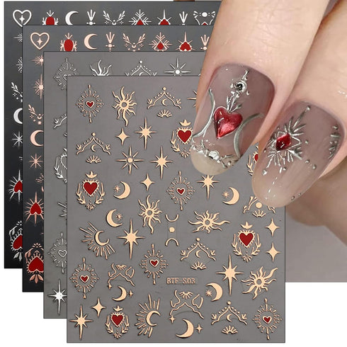 JMEOWIO 9 Sheets Moon Star Nail Art Stickers Decals Self-Adhesive Sun Nail Supplies for Decoration Accessories