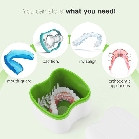 Denture Cup Bath Box Case with Strainer, Dental Retainer Cleaning Container, Light Green