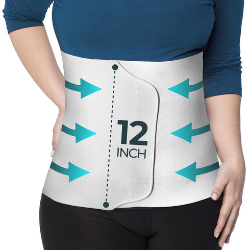 QORE LOGIQ Plus Size Abdominal Binder Post Surgery, C Section Belly Binder, Adjustable 12" Compression Wrap, White XL
