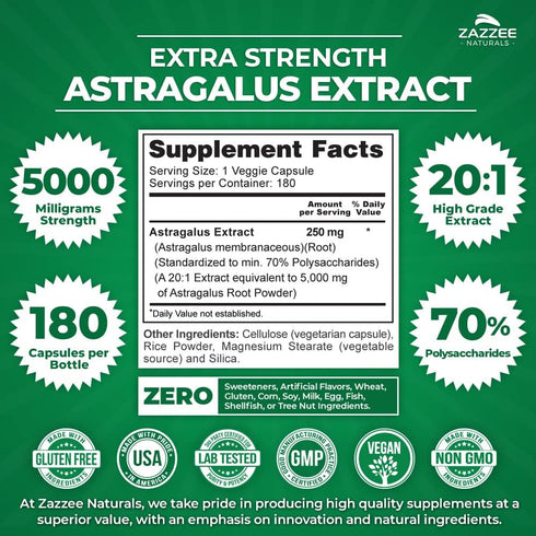 Zazzee Extra Strength Astragalus Root 20:1 Extract, 5000 mg Strength, 180 Vegan Capsules, 6 Month Supply