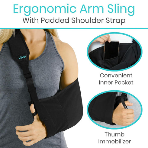 Vive Arm Sling Shoulder Immobilizer - Comfortable Relief for Left or Right Arm, Adjustable Padded Straps (Black)