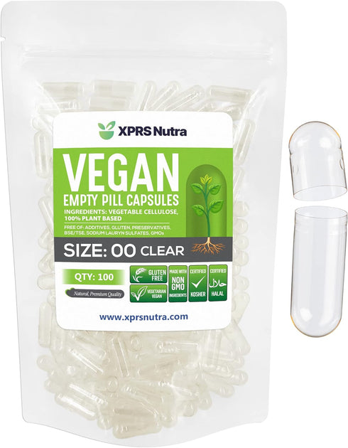 XPRS Nutra Size 00 Empty Capsules - 100 Count Clear Vegan Capsules - Vegetarian Pills for DIY Vegetable Capsule Filling