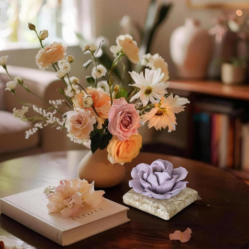 Iryanthos Ceramic Passive Essential Oil Diffuser, Aesthetic Desktop Handmade Flower & Concrete Base, Porcelain