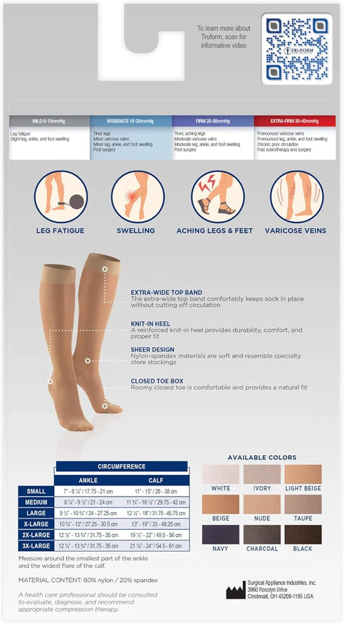 Truform Sheer Compression Stockings, Women's Knee High Length, Open Toe, 15-20 mmHg, 20 Denier, Blue, 2X-Large