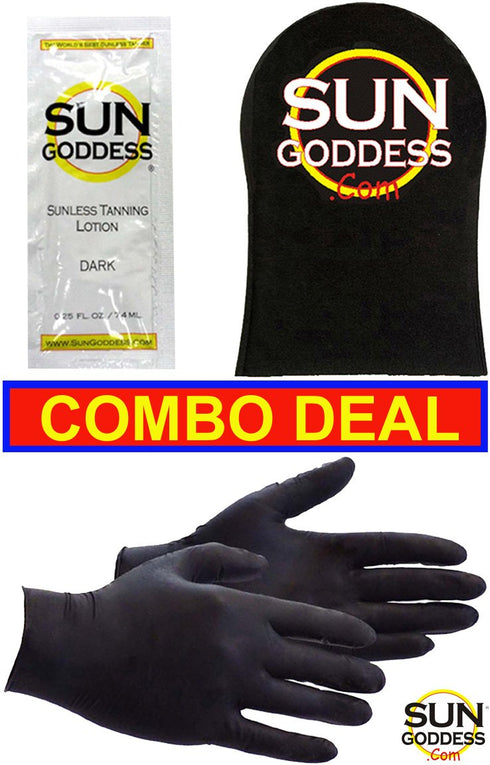 Sun Goddess Best Combo Deal - Includes 1 Sunless Self Tanner Lotion Sample, 1 Applicator Mitt & 1 Pair Gloves