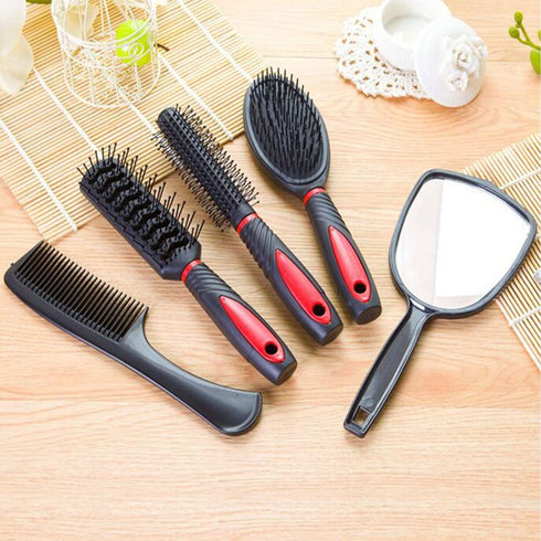 Set of 5 Professional Salon Hair Combs, Hair Cutting Brushes, Hairdressing Styling Tool Mirror and Holder Stand
