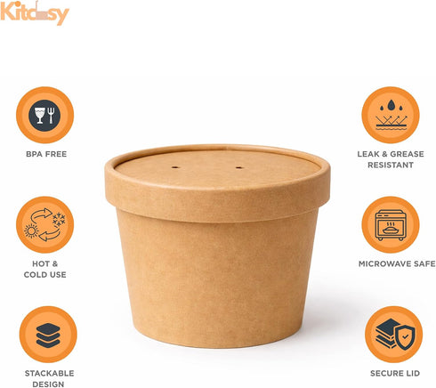 Kitchsy 50 Pack, 8 oz, 12 oz, 16 oz, 26 oz, 32 oz, (16 oz) Disposable Kraft Paper Food Containers with Vented Lids