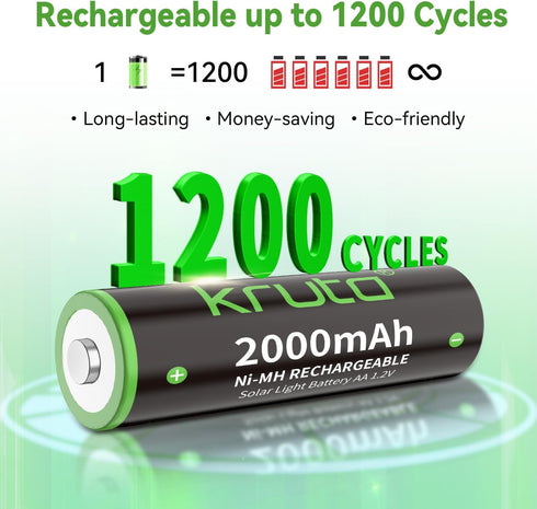 Pack of 8 Kruta Ni-MH AA Rechargeable Batteries 2000mAh for Solar Lights, Pathway Lights