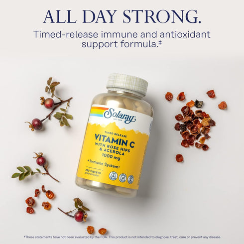 SOLARAY Vitamin C 1000mg w/Rose Hips & Acerola | 250ct | Non-GMO | Two-Stage Timed-Release Immune Support