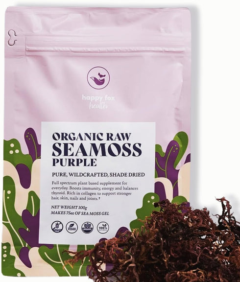 HAPPY FOX Organic Sea Moss Raw Purple - Makes 75oz of Seamoss Gel, Certified Non-GMO, Wildcrafted Superfood - 100 gram