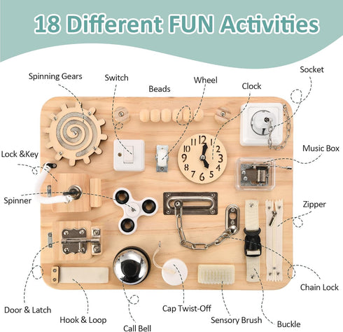 Wooden Busy Board for Toddlers - Montessori Sensory Activity Board for Fine Motor Skills and Early Learning - Travel