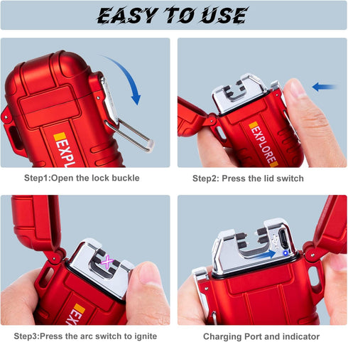 LcFun Arc Lighter - Waterproof Windproof Rechargeable USB Plasma Flameless Electric Lighter with Lanyard (Red)