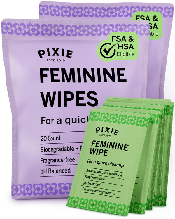 Pixie Feminine Wipes - Flushable, Biodegradable, & Ph Balanced - Individually Wrapped