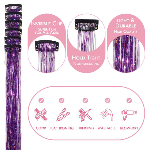 WENNALIFE Hair Tinsel Clip In, 6pcs 24 inch Colorful Glitter Tinsel Hair Extensions for Girls