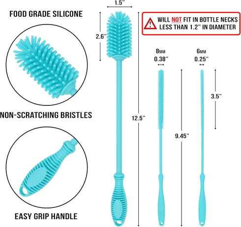 12.5” Silicone Bottle Brush & Straw Cleaner Brush Set for Hydro Flasks, Tumblers, Glassware, Vases