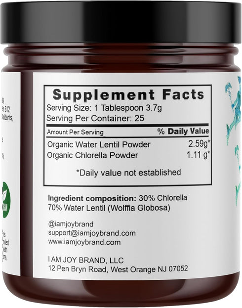 Water Lentil Protein Powder | Best Source of B12 Vitamin | aka Duckweed | with Organic Chlorella | Sugar Free | Rapid Energy Booster | Sustainably Farmed | 100% Recyclable 10oz Glass Jar