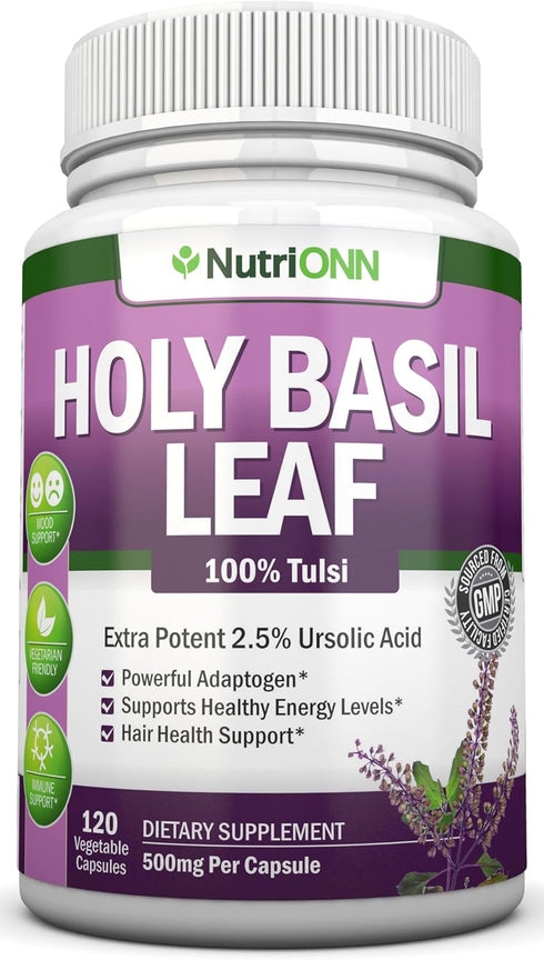 Holy Basil Leaf Capsules, 500mg, 120 Vegan Capsules, Real Tulsi Extract Supplement for Positive Mindset