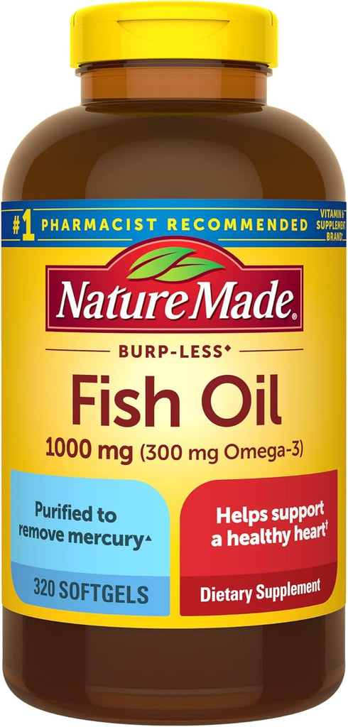Nature Made Burp Less Fish Oil, 1000 mg Softgels, Omega 3 Supplements, 320 Softgels, 160 Day Supply