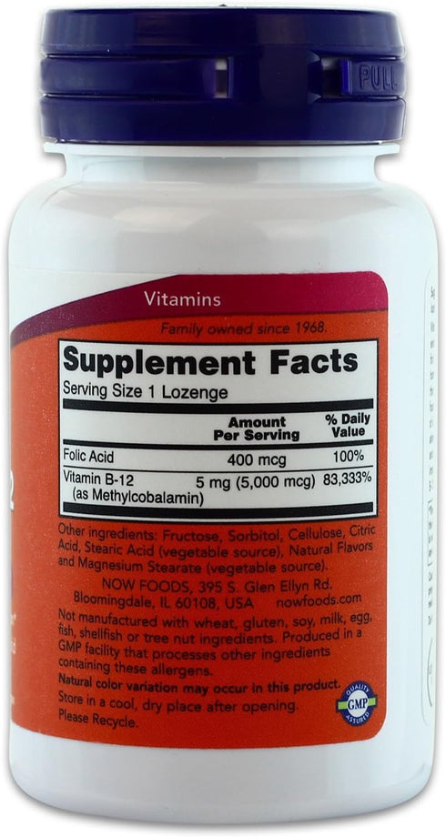Now Foods Methyl B12 - Methylcobalamin Plus Folic Acid - 5,000 MCG (120 Lozenges)