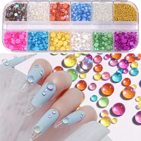 Mix Color Size 2400pcs Mermaid Rhinestones Flat Back Glass Iridescent 3D Nail Stone Gems with 2000pcs Gold Silver Caviar Beads Balls Set Accessories for Nails Decoration