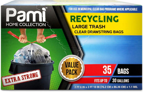 PAMI 13-Gallon Kitchen Drawstring Trash Bags, Extra-Strong Plastic Garbage Bags, Clear 35 Pack, Unscented