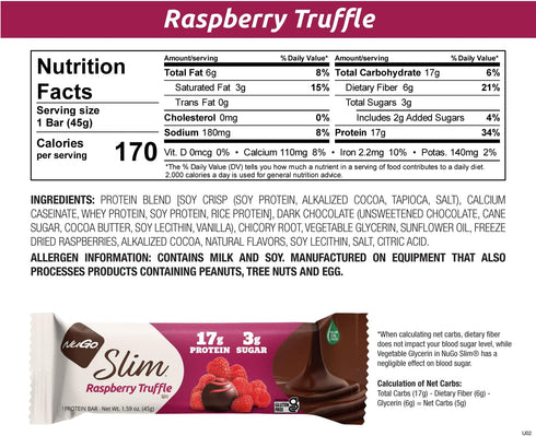 NuGo Slim Dark Chocolate Raspberry Truffle, 17g Protein, 24 Count, Low Net Carb, Keto Friendly