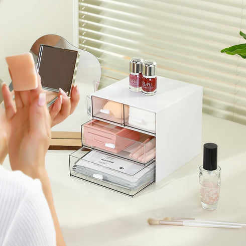 Makeup Organizer with 4 Drawers, Desk Organizer for Nail Polish, Lipstick, Brushes, Jewelry, Skincare - White