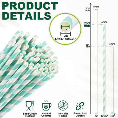 Aqua Paper Straws 10 Inch Extra Long for Tall Drinks, Baby Shower, Parties, Cocktails - 100 Counts