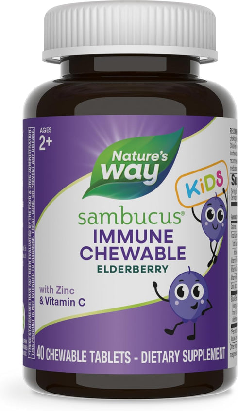 Nature's Way Sambucus Immune Chewable for Kids, Elderberry, Ages 2+, Vitamins C & A, 40 Tablets