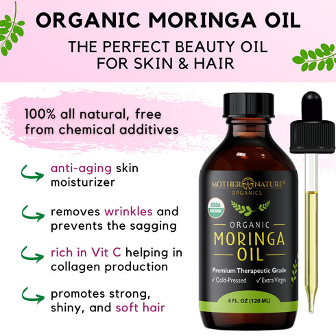 Mother Nature USDA Organic Moringa Seed Oil - 100% Pure Cold-Pressed Unrefined Oil for Face, Skin Care & Hair Growth (4