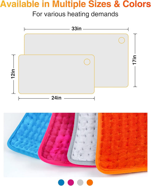 WOOMER Electric Heating Pad for Back Pain & Cramps Relief, 12"x24" Extra Large, Multi-Color Heat Pad with Auto Shut-Off
