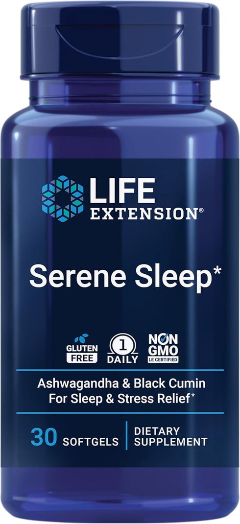 Life Extension Serene Sleep – Ashwagandha, Black Cumin – Sleep Supplement for Calm, Relaxation, 30 Softgels