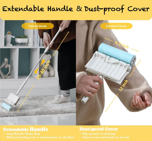 Large Surface Lint Roller with Extendable Long Handle, 6.3'' Wider, 240 Sheets for Cleaning Furniture, Carpet, Floor,