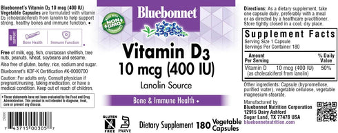 BlueBonnet Nutrition Vitamin D3 400 IU Vegetable Capsule, Aids in Muscle and Skeletal Growth, Non-GMO, Gluten Free, 180