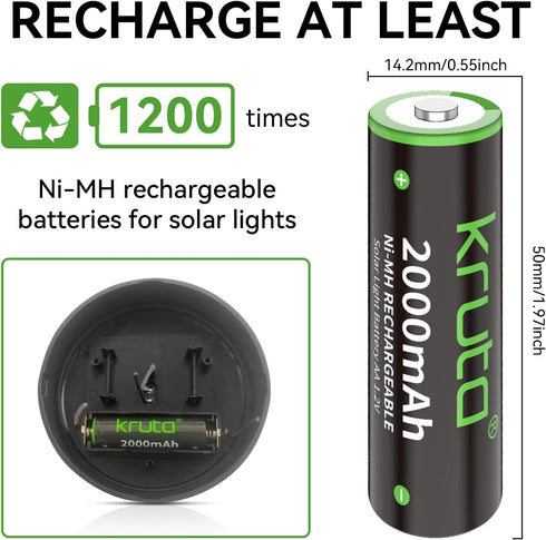 Pack of 8 Kruta Ni-MH AA Rechargeable Batteries 2000mAh for Solar Lights, Pathway Lights