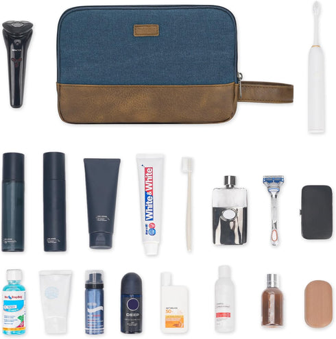 WANDF Travel Toiletry Bag for Men - Leather and Canvas Dopp Kit, Small Bathroom Bag for Travel Accessories (Blue)