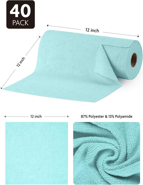 Microfiber Cloths in a Roll, Reusable Washable Cleaning Rag Towels, 12" x 12", 40 Pack for Car, House (Blue)