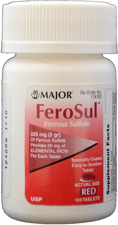 Ferrous Sulfate FC 325mg (5GR) | Generic for Feosol Red Tablets | 100 Tablets per Bottle | 3 Pack Total 300 Tablets