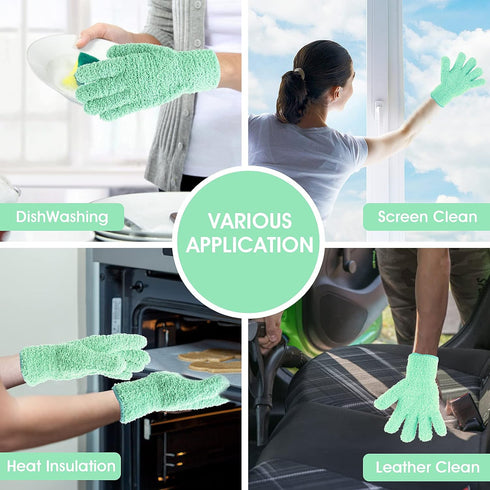 1 Pair Microfiber Dusting Gloves, Reusable Washable Cleaning Mittens for House Cleaning and Small Corners (Green)