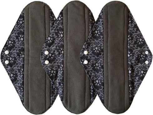 Sigzagor 3 Pieces 14 Inch Overnight Charcoal Bamboo Reusable Mama Cloth/Menstrual Pads