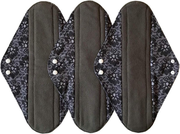 Sigzagor 3 Pieces 14 Inch Overnight Charcoal Bamboo Reusable Mama Cloth/Menstrual Pads