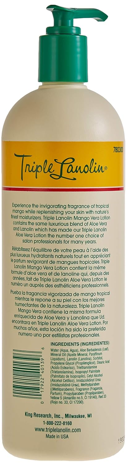 Triple Lanolin Mango Vera Hand and Body Lotion, 20 Oz, 20 Ounce, BRA-40138
